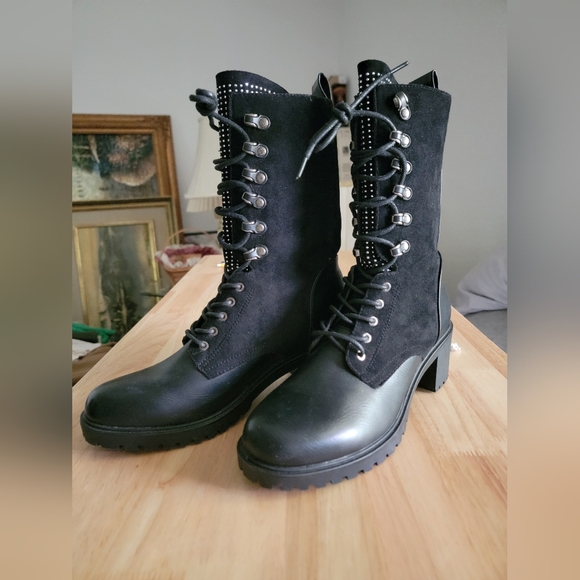 Olivia Miller Faux Leather Black Studded Lace-up Combat Boot - Picture 2 of 6